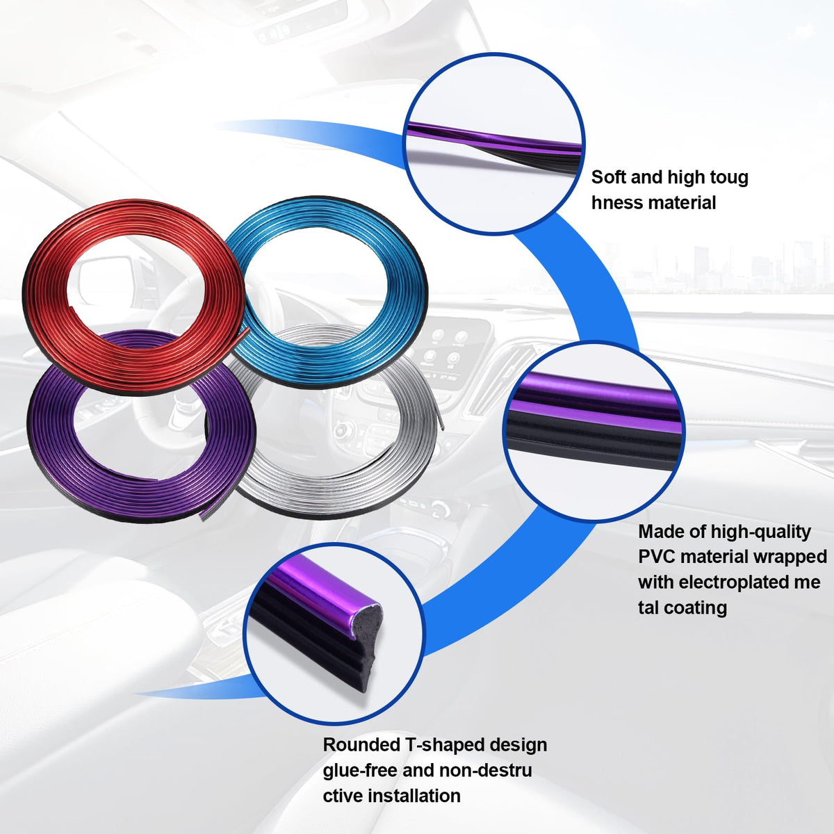 Spurtar 2 Rolls x 33Ft Car Pinstriping Tape Black & 16.4ft/5M Car Interior Trim Strips Purple