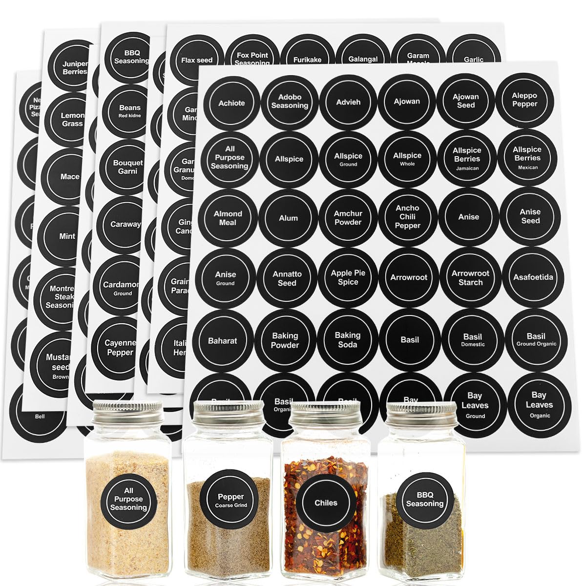 Spice Labels, 432Pcs Spice Labels Stickers 1.4in Waterproof Adhesive Round Preprinted Spice with Blank Labels Black Tear Resistant Sticker for Kitchen Jars Caps Food Containers Spice Organizers 12 Sheets