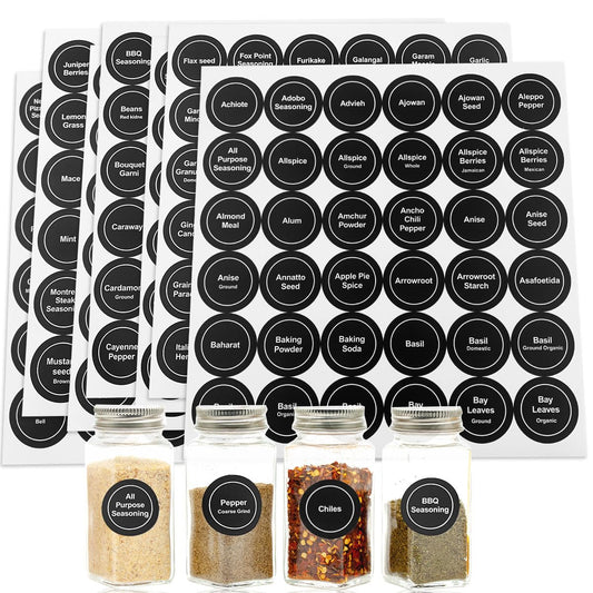 Spice Labels, 432Pcs Spice Labels Stickers 1.4in Waterproof Adhesive Round Preprinted Spice with Blank Labels Black Tear Resistant Sticker for Kitchen Jars Caps Food Containers Spice Organizers 12 Sheets