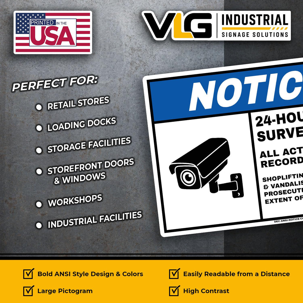 NOTICE 24-Hour Video Surveillance Stickers 5-Pack 5" x 7" – All Activities Are Recorded Security Camera Warning Decals – ANSI Style CCTV Surveillance Labels for Business, Property, Doors & Entrances