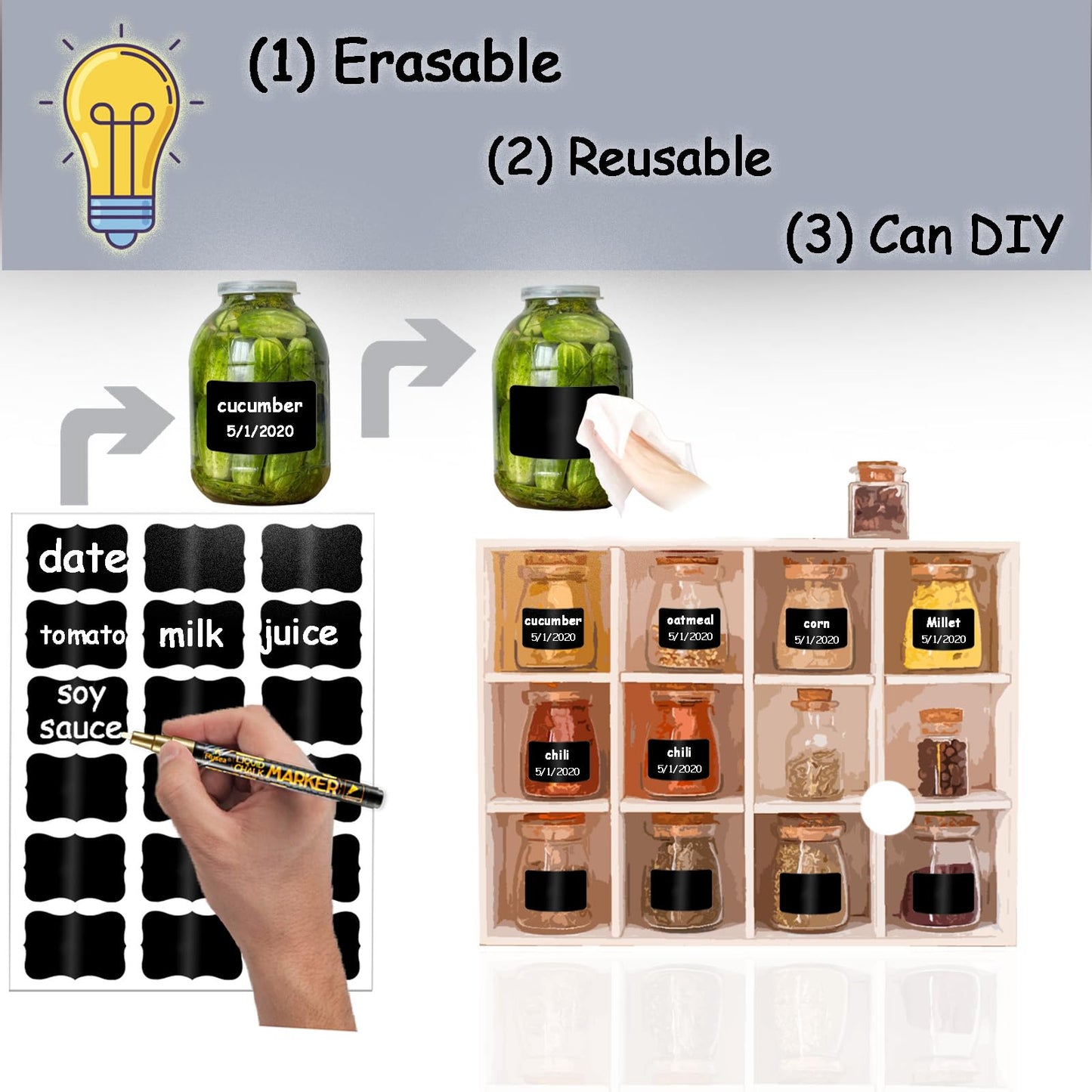 Chalkboard Labels, 144 Pcs Waterproof Reusable Chalk Stickers with Erasable Chalk Marker for Jars, Storage Bins, Kitchen, Parties, Weddings, Craft Rooms 144 PCS, Wavy Shape