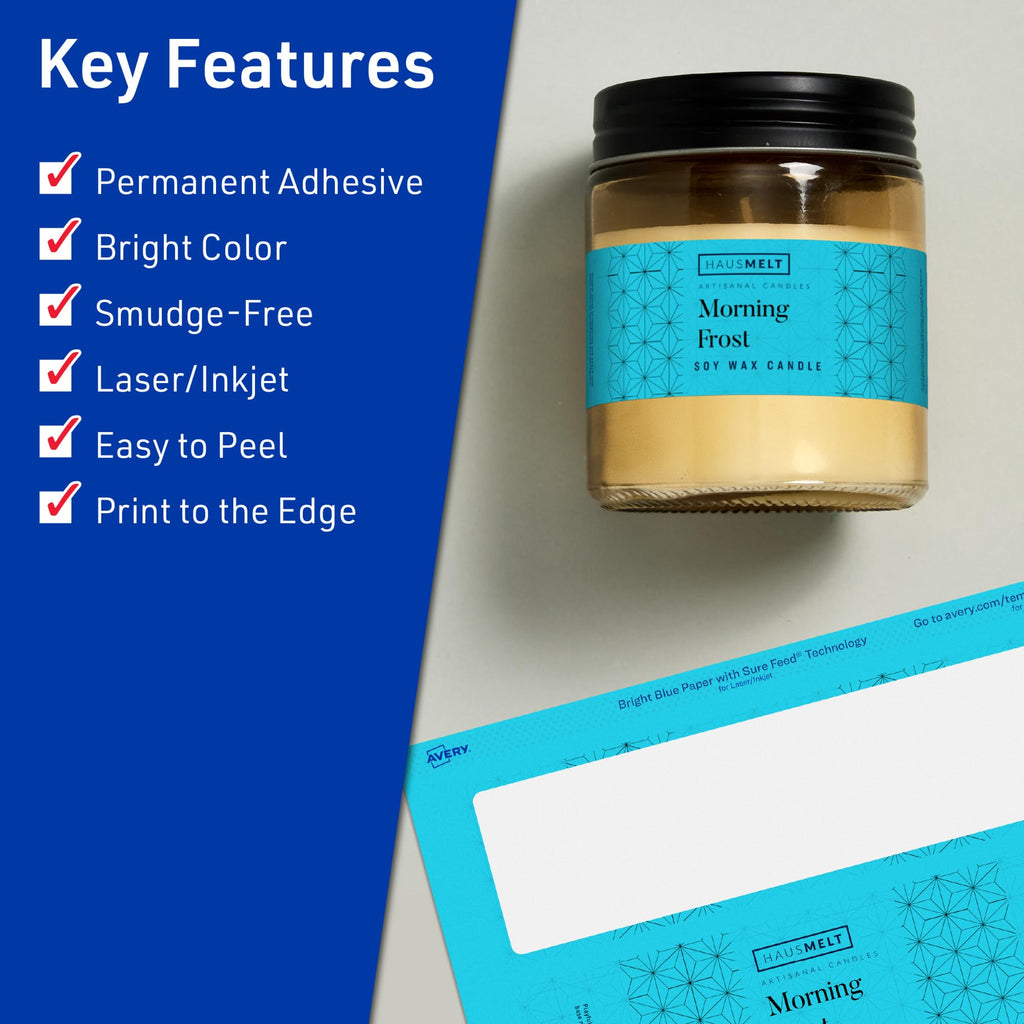 Avery Printable Rectangle Labels, Sure Feed Technology, 2" x 7", Bright Blue Labels, Print-to-The-Edge, Laser/Inkjet Printable, 80 Total, Great for Candles and Jars 80 labels