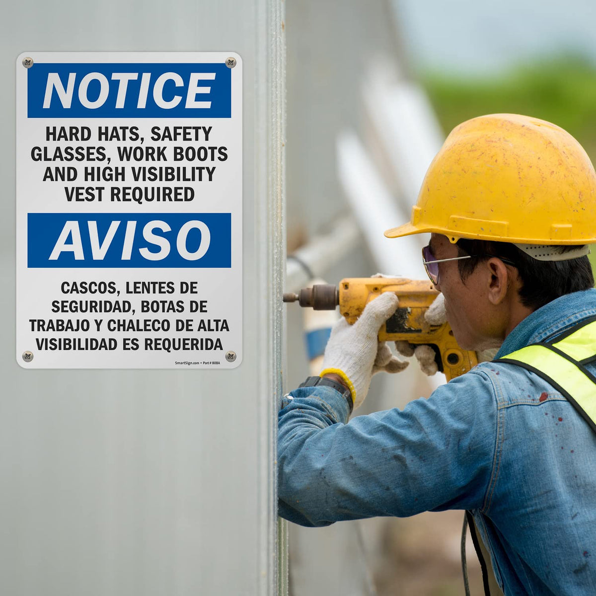 SmartSign - S-5992-AL-14 Notice - Hard Hats, Glasses, Boots, Vest Required Bilingual Sign By | 10" x 14" Aluminum 10x14 inches