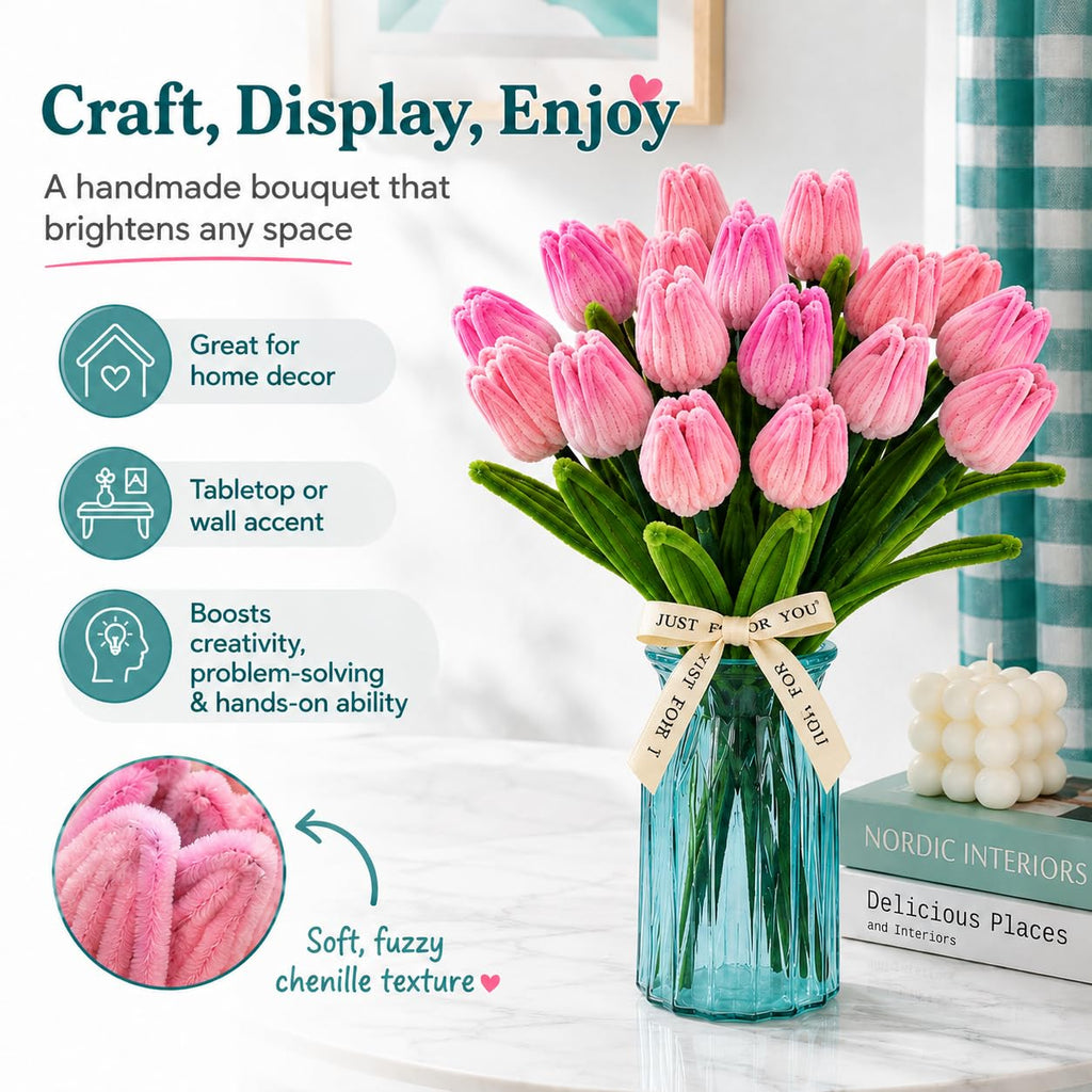 Quaystars 400Pcs Pipe Cleaners Bulk for Crafts - Tulip Flower Making Kit with Chenille Stems, Wire & Tape - DIY Arts and Crafts Supplies for Adults, Gift (Green, Pink)