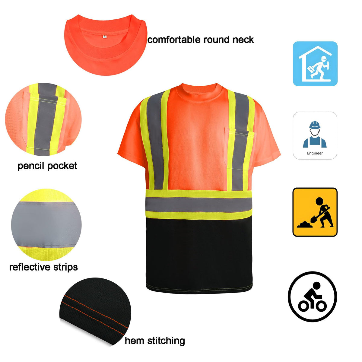LeeHanTon Men's Short Sleeve Safety Shirts with Reflective Strips High Visibility Neon Shirts Security Work Shirts 5 Pack-orange X-Large