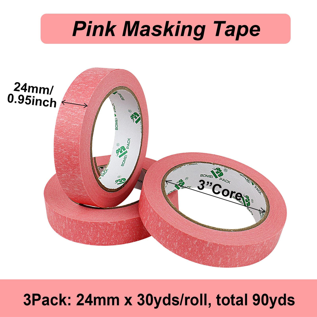 BOMEI PACK 3 Pack Painters Tape, 1 inch x 30yds, Premium Painting Masking Tape, Clean Release Paper Tape for Home and Office (Pink) Pink
