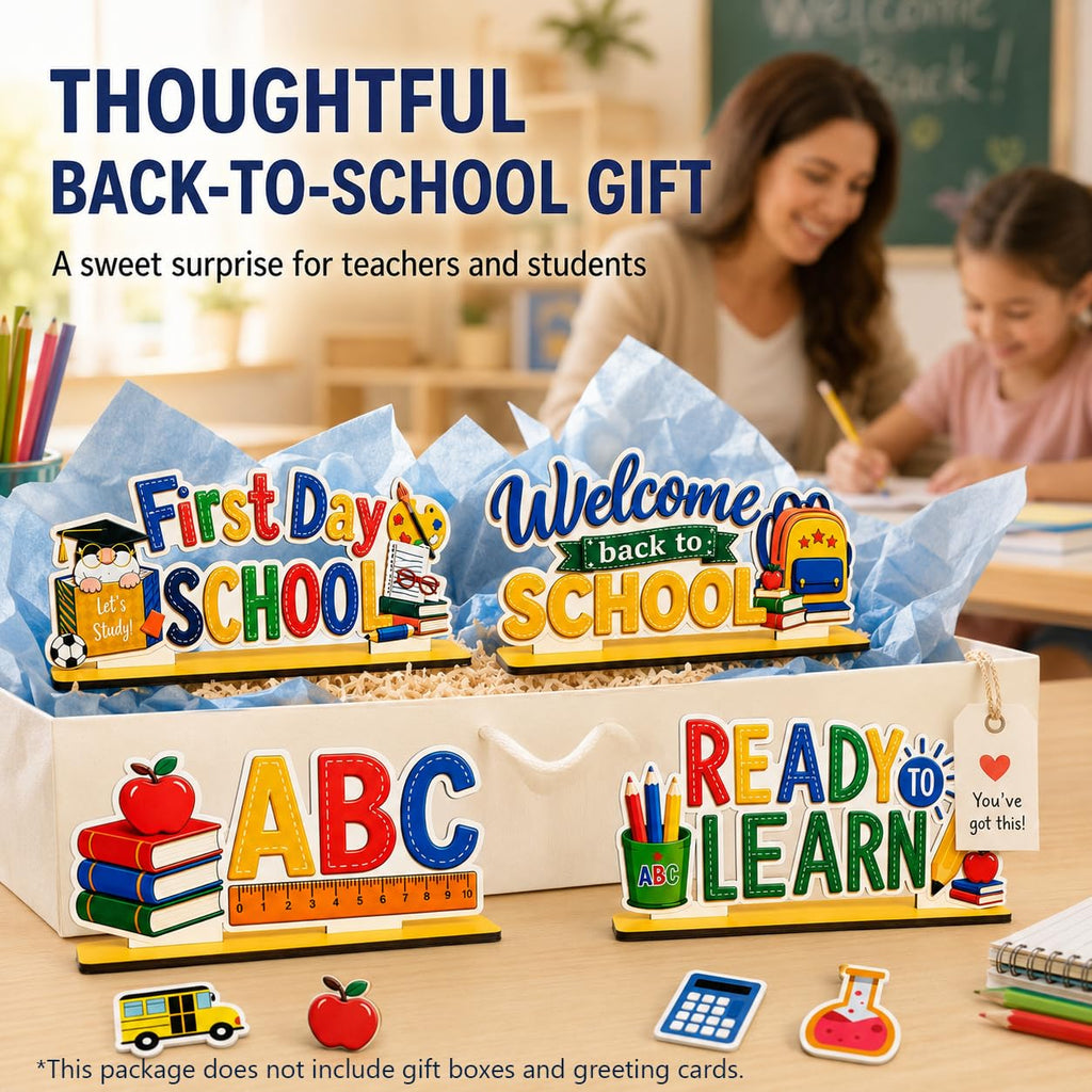 5 Pcs Back to School Decorations, Wooden Table Sign Set, First Day of School Desk Decor for Classroom Teacher Office Homeschool Bus–double-sided