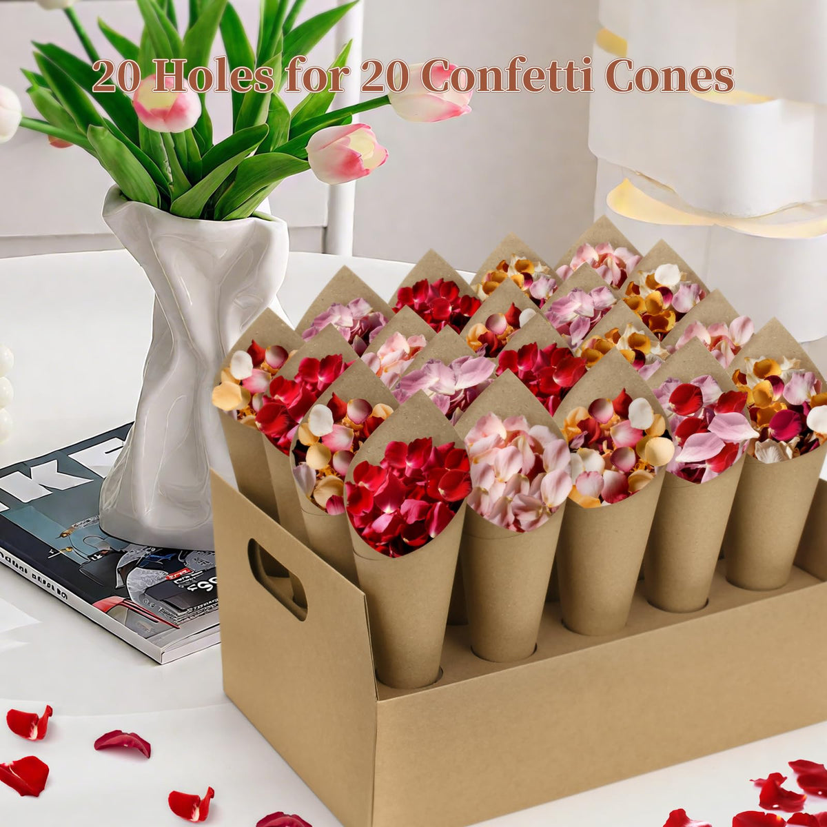 2 Set Wedding Paper Cone Stand Box, 2 Party Cardboard Cone Holders Trays of 20 Holes Each with 40 Kraft Cone Paper for Wedding, Party, Celebration, Decoration