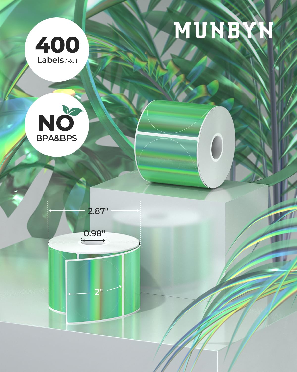 MUNBYN 2" Circle Holographic Thermal Label Stickers Green, Round Printable Rainbow Glitter Thermal Printer Sticker Labels for Gift Wrapping, Self-Adhesive Name Price Tag DIY Custom Logo Design 2" Holographic Green
