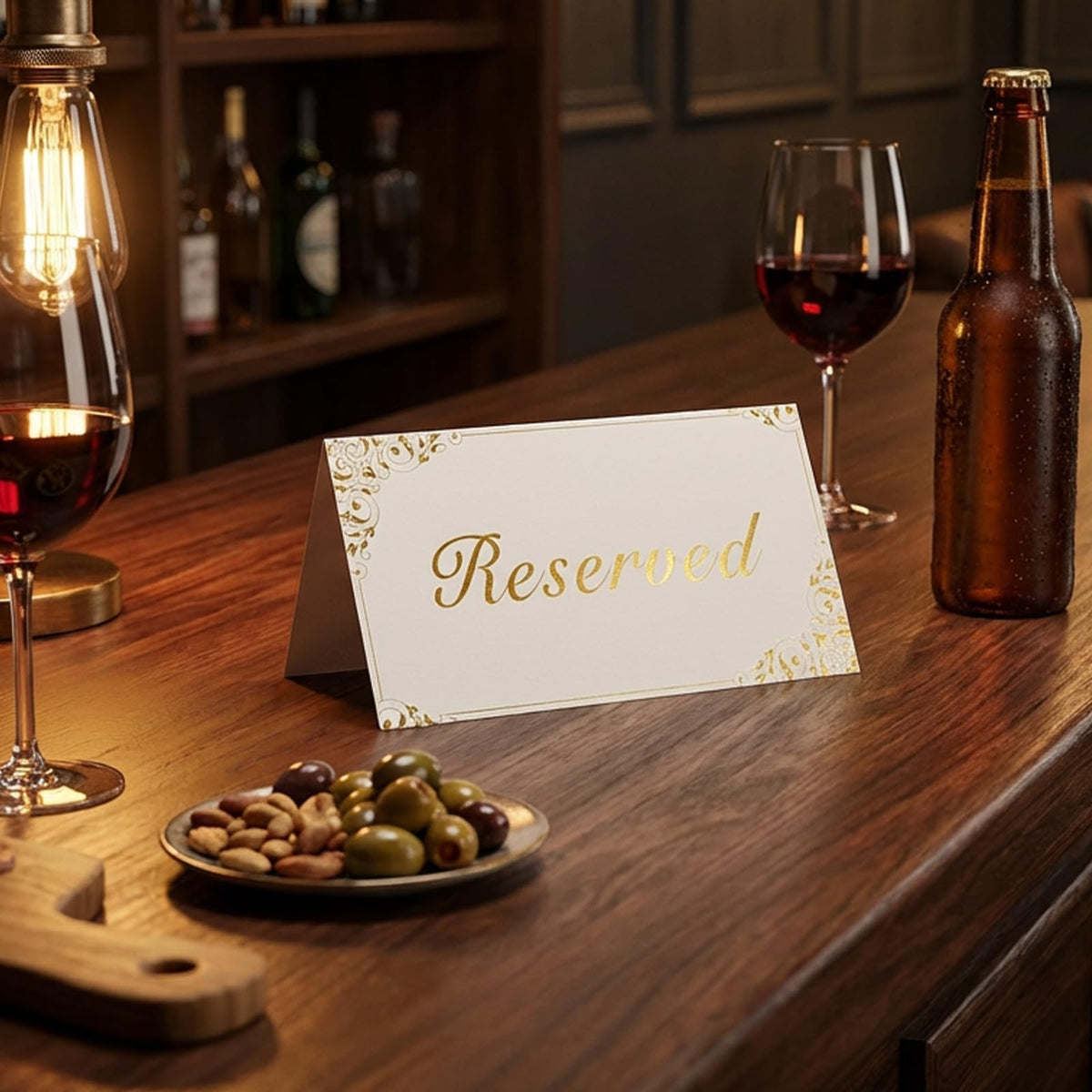 30 Pack Reserved Table Signs, White Reserved Signs with Gold Foil Design