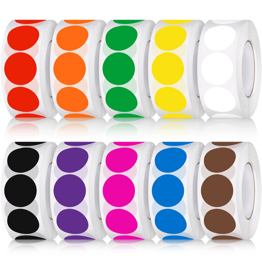 10000 Pieces 3/4 Inch Round Color Coding Labels Roll Adhesive Solid Colors Dot Stickers Assorted Colored Circle Stickers for Inventory Organize, File Classification, 10 Colors
