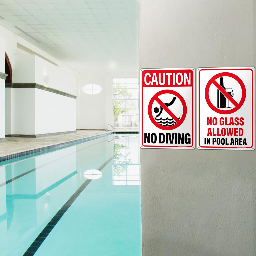 14x10″ No Diving Pool Sign, No Glass Allowed Sign, 2 Pack, PSP-2402 No Diving & No Glass