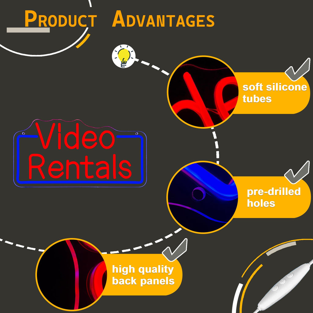 Allball Video Rentals Neon Sign, Movie Night LED Neon Light USB Powered Dimmable, for Home Cinema Basement Bar Gaming Room Private Cinema Movie Theme Birthday Gifts(15.7 * 7.8 In) red + blue