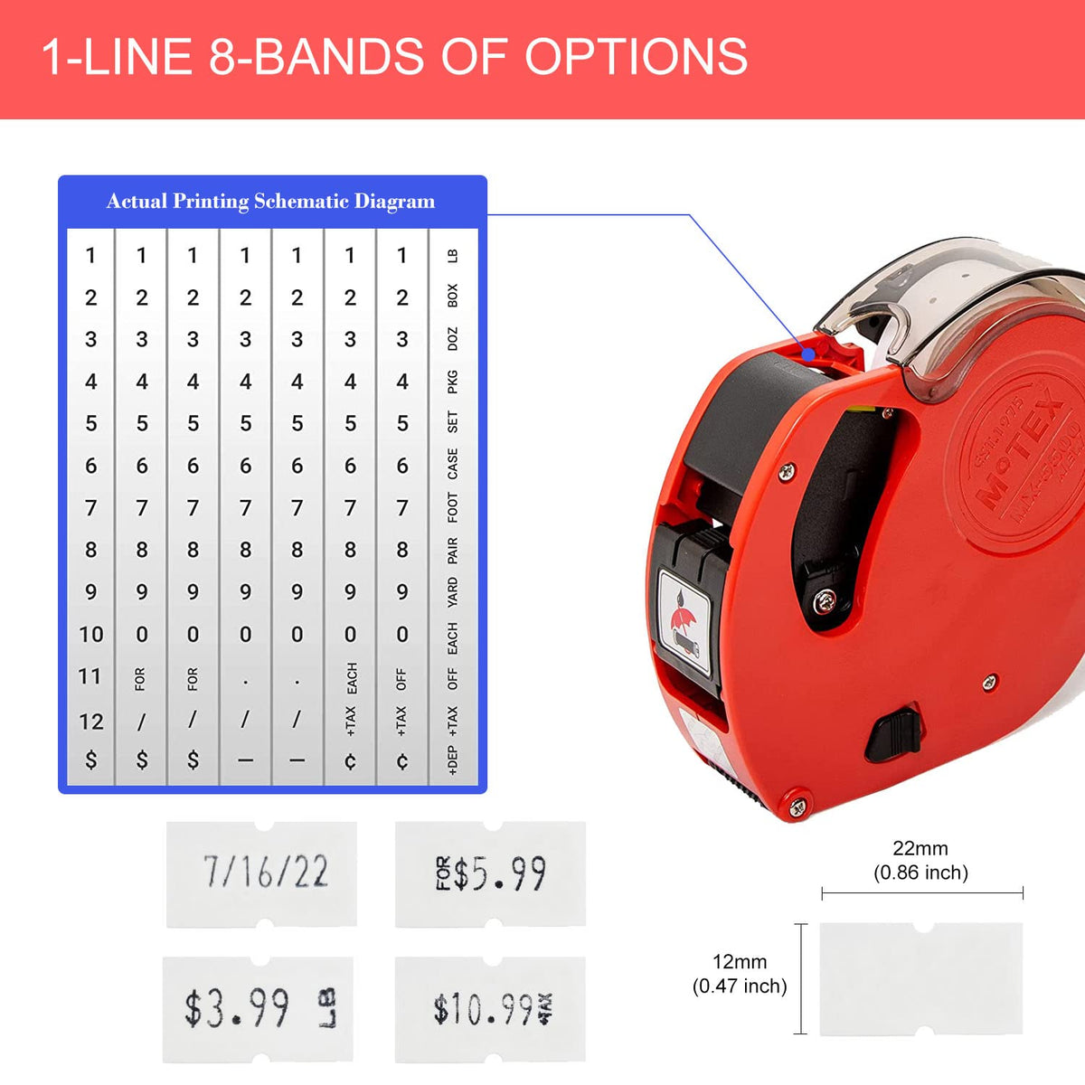 Motex Genuine MX-5500NEW 1 Line 8 Digits Price Tag Gun Kit - Includes 10,000 Blank Labels (White + Red + Yellow + Green) and 1 Pre-Loaded Inker with 1 Ink Refill Red Kit - 3 Red + 3 Yellow + 3 Green Rolls