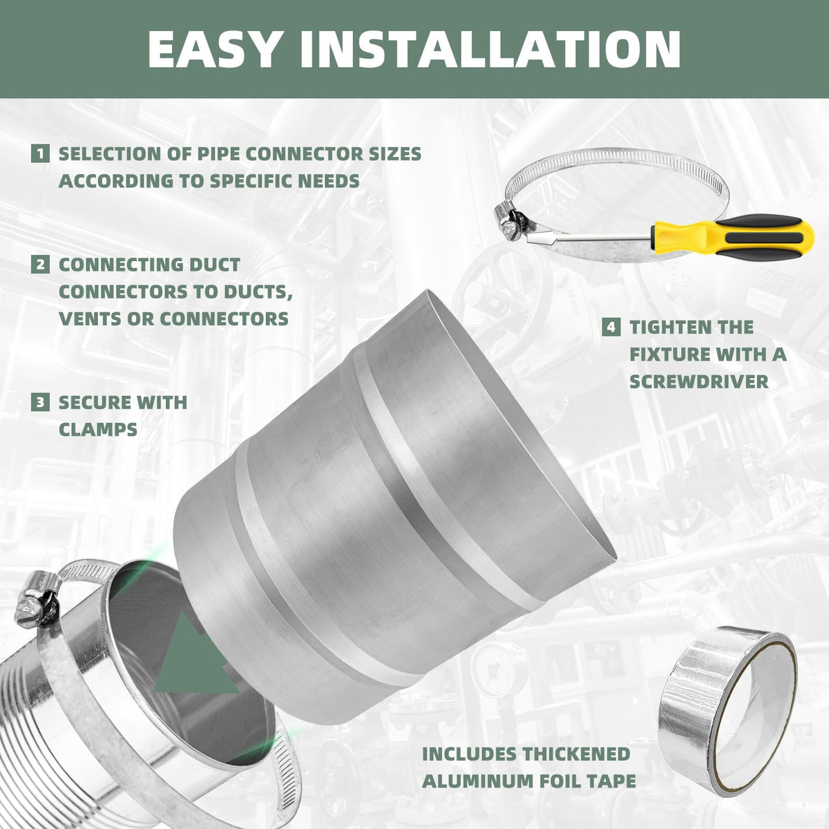 4 Inch Metal Duct Connector, 2Pcs Stainless Steels Ventilation Duct Extension Round Dryer Vent Coupler with 16FT Aluminum Foil Tape and Hose Clamp, Metal Vent Duct Hose Coupling Pipe Connector