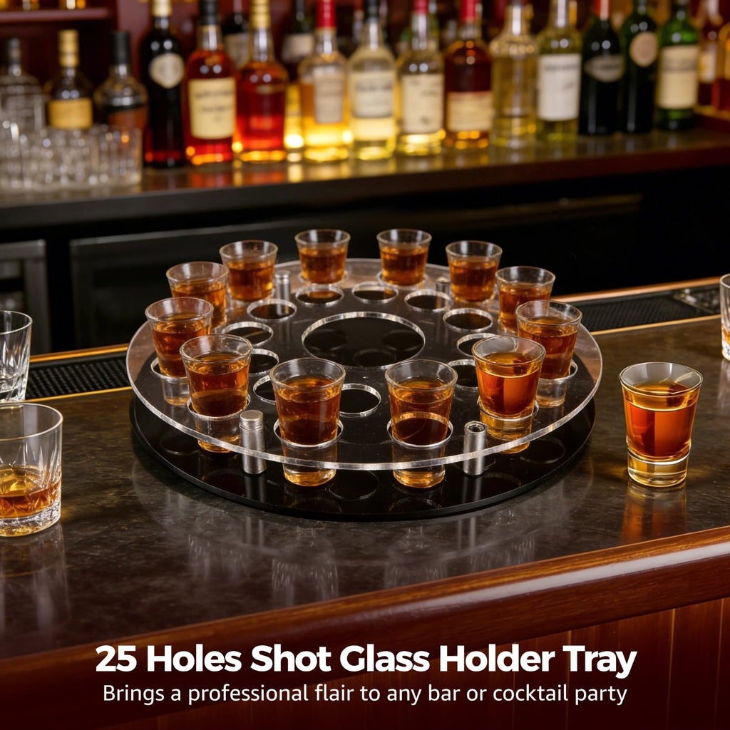 25 Holes Shot Glass Holder Tray, Acrylic Bar Circular Cup Server, Black Heavy Base Drink Display Organizer for Parties and Clubs, Center Slot for Slim Wine Bottle, Professional Home Bar Accessory