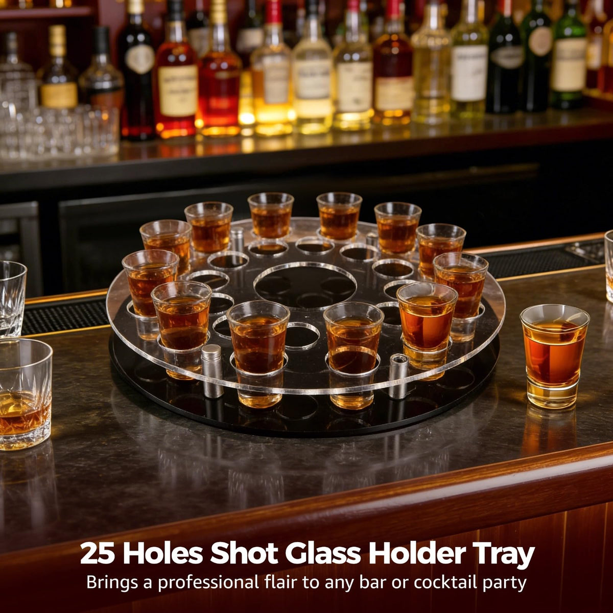 25 Holes Shot Glass Holder Tray, Acrylic Bar Circular Cup Server, Black Heavy Base Drink Display Organizer for Parties and Clubs, Center Slot for Slim Wine Bottle, Professional Home Bar Accessory