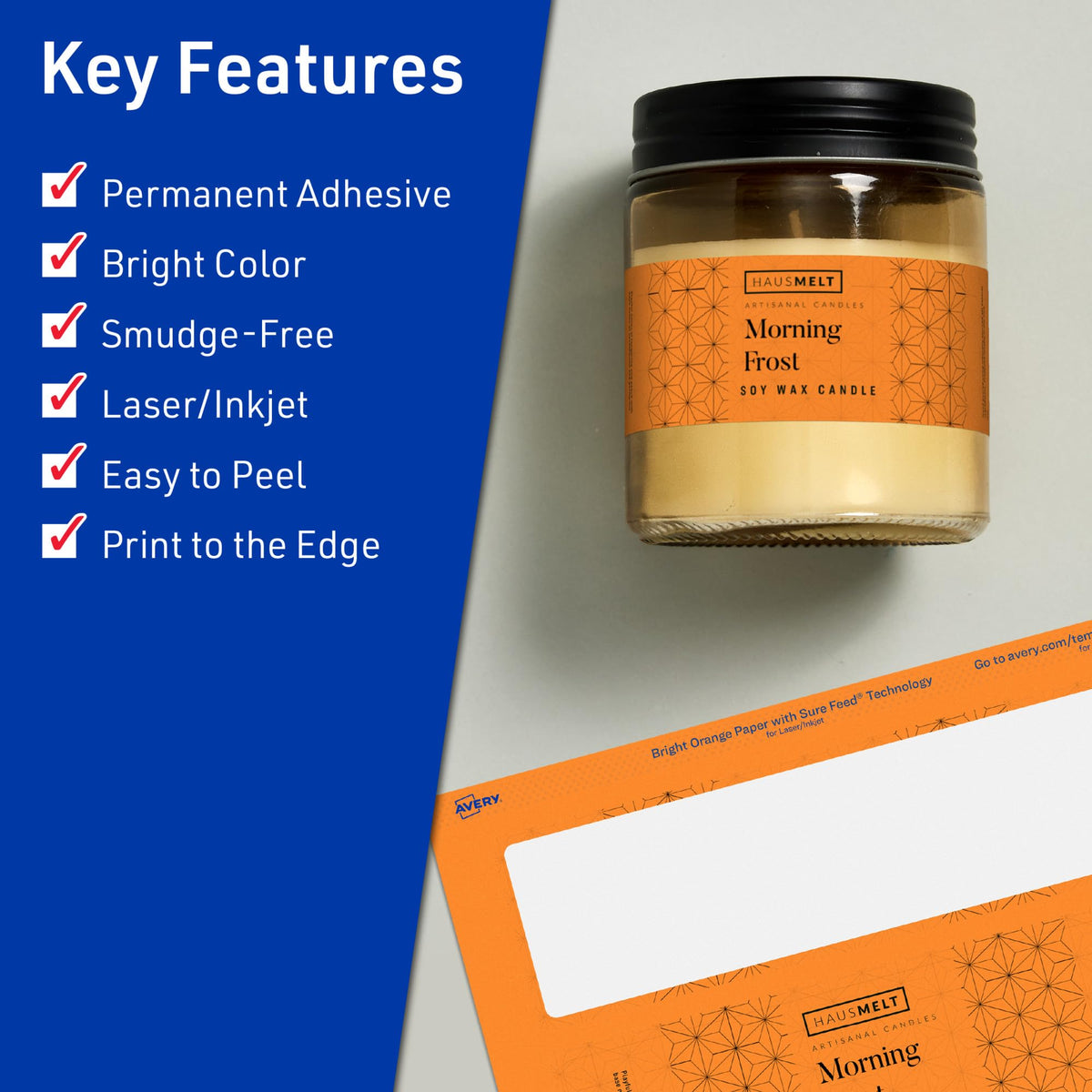Avery Printable Rectangle Labels, Sure Feed Technology, 2-1/2" x 7", Bright Orange Labels, Print-to-The-Edge, Laser/Inkjet Printable, 60 Total, Great for Candles and Jars 60 labels