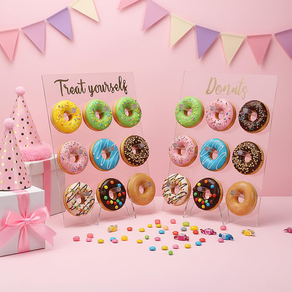 2 Pack Donut Wall Display Stand for Dessert Table, Clear Acrylic Donut Board Display Holder Wall Stand for Wedding Birthday Holiday Party Bridal Baby Shower Decorations, 13.78 x 9.84 Inch