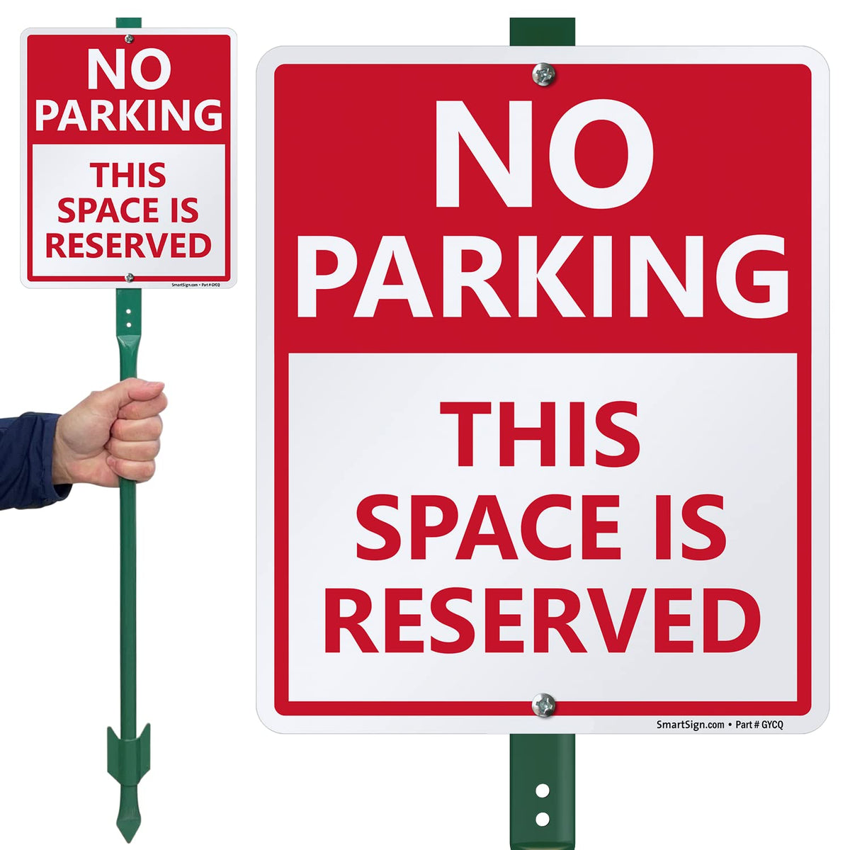 SmartSign 12 x 10 inch “No Parking - This Space Is Reserved” LawnBoss Yard Sign with 3 foot Stake, 40 mil Aluminum, Laminated Rustproof Aluminum, Red and White, Set of 1 10" x 12" Aluminum Sign with 3' Stake
