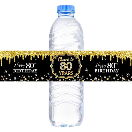 WOWOPA 32Pcs Cheers to 80 Years Water Bottle Labels, Happy 80th Birthday Labels Stickers for Women and Men Birthday Party Decorations - Black