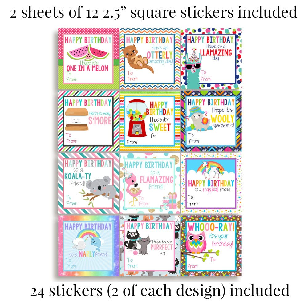 Happy Birthday Gift Tag Stickers for Girls, Set of 24 2.5 X 2.5 Mixed Square Birthday Gift Labels by Amanda Creation