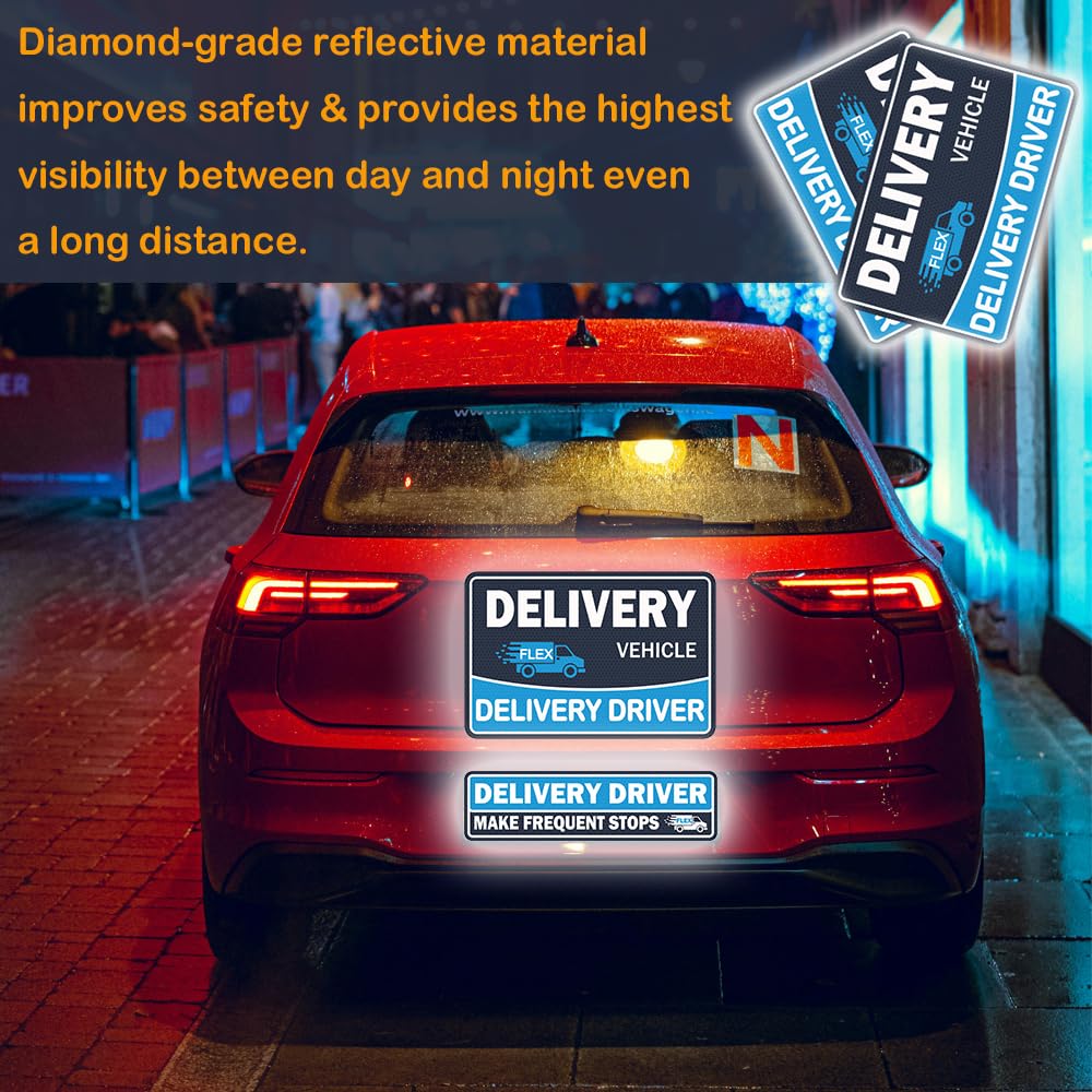 4 Pack Heavy Duty Flex Delivery Driver Car Magnets, Reflective Caution Frequent Stops Magnetic Signs, Flex Driver Accessories Decal Bumper Stickers KS_DeliveryManget_Blue