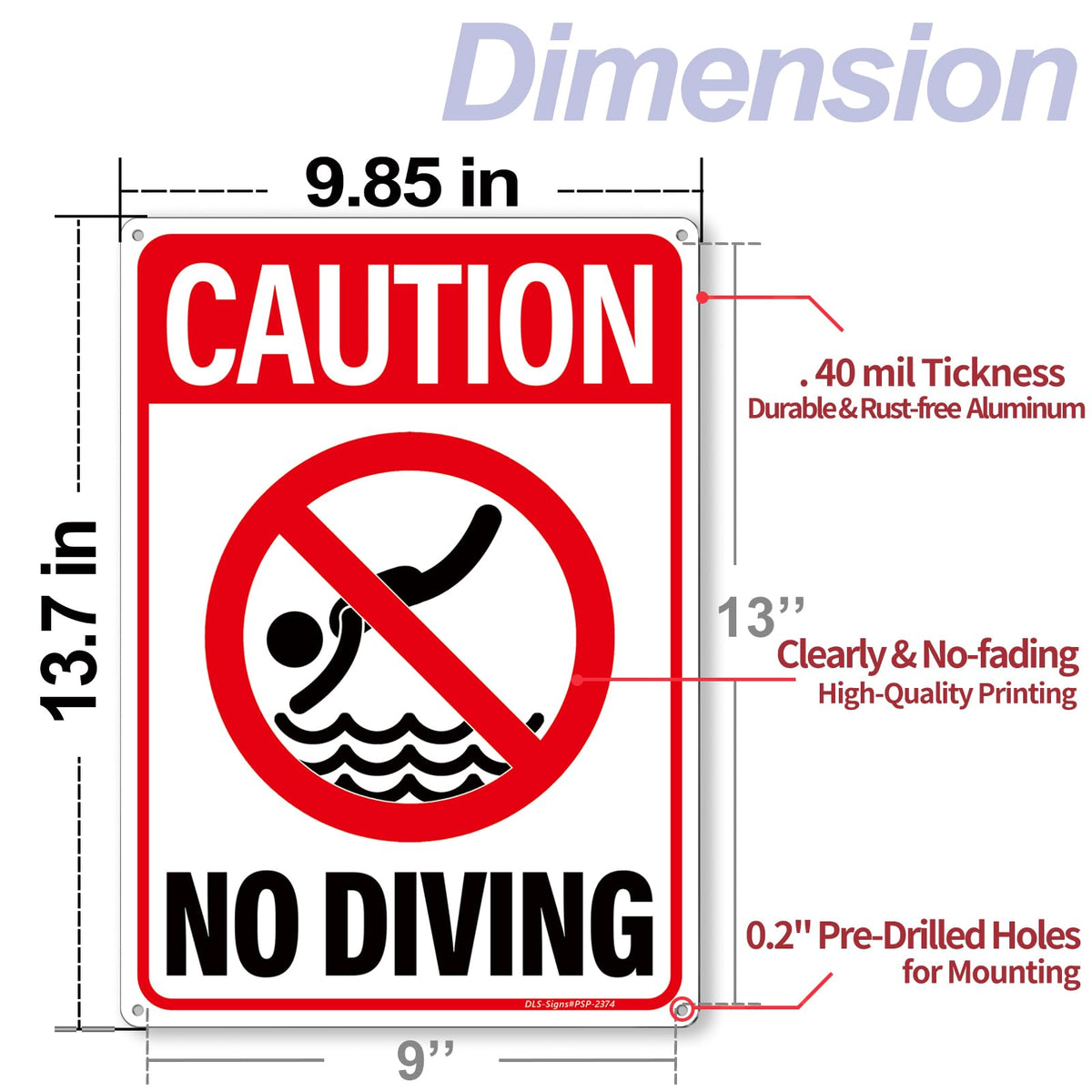 14x10″ No Diving Pool Sign, No Glass Allowed Sign, 2 Pack, PSP-2402 No Diving & No Glass