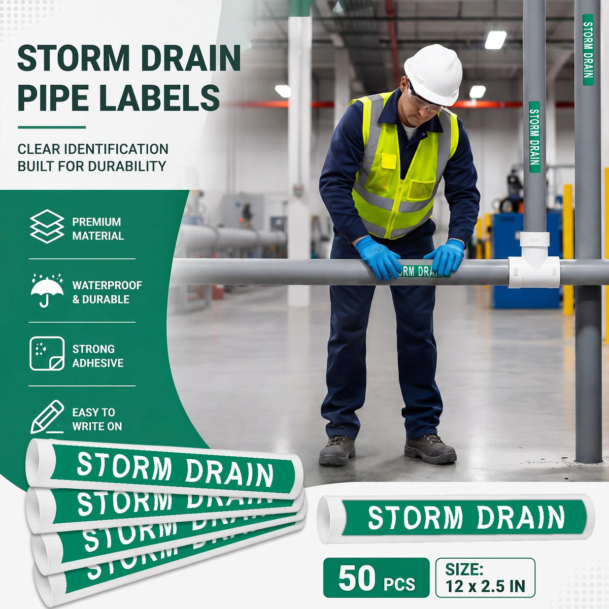 50 Pack Storm Drain Water Pipe Labels, Self Adhesive