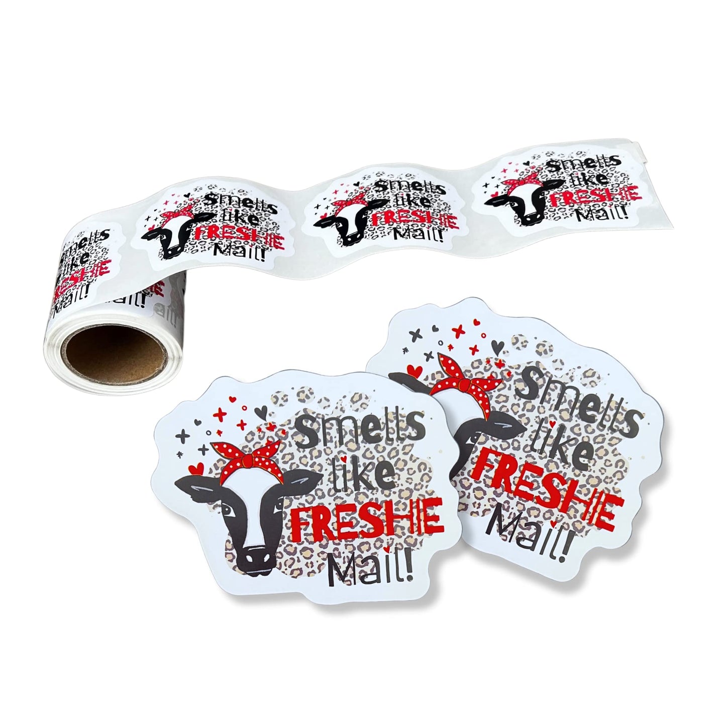 Freshie Sticker Smells Like Freshie Mail Care Instructions Leopard Cow Fringe | 100 pcs roll | 3x2” for Silicone Mold Aroma Bead Scent Customer Package Warning Label