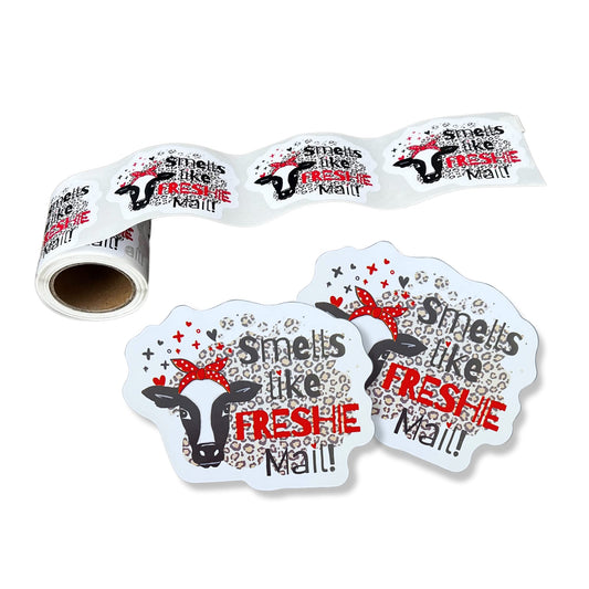 Freshie Sticker Smells Like Freshie Mail Care Instructions Leopard Cow Fringe | 100 pcs roll | 3x2” for Silicone Mold Aroma Bead Scent Customer Package Warning Label