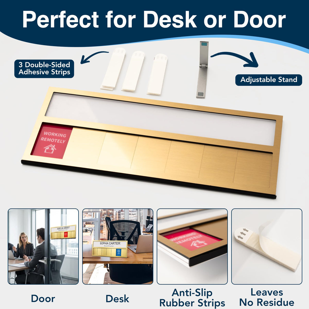 Name Plate for Desk& Office Door Sign, 7 Options Do Not Disturb, In A Meeting, Out of Office, Working Remotely, Please Knock, Come in Welcome，Stick or Stand with Desk Name Plate, Brushed Gold with icon 7 Options Working Remotely