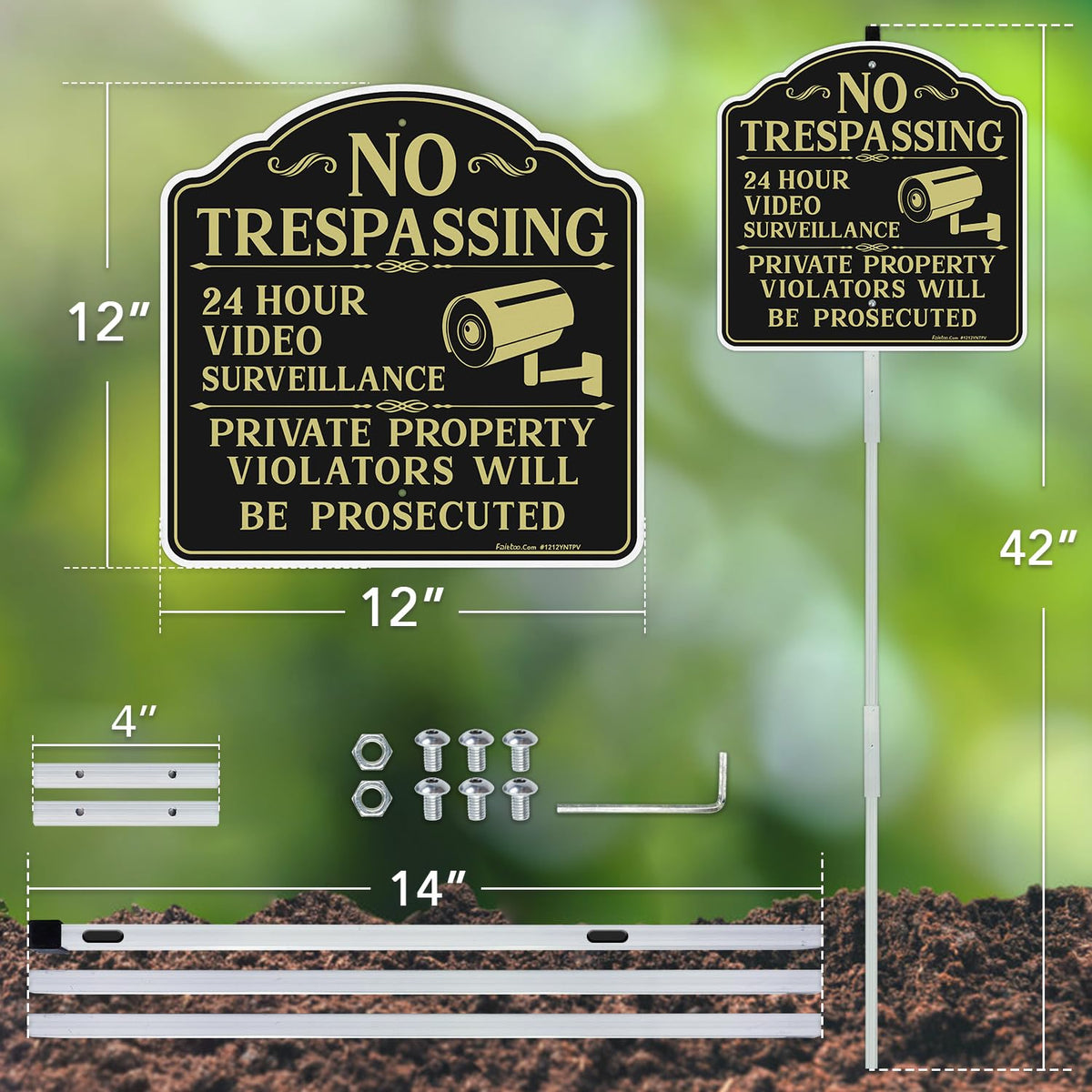 Faittoo No Trespassing Signs Private Property Video Surveillance Sign with 42" Stake, 2-Pack 12"x12" Rust Free Aluminum, Reflective, 2 Pre-drilled Holes, Includes Matching Screws & Wren Black Gold with 42" Stake- 2 Pack