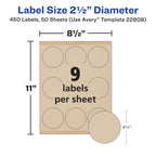 Avery Kraft Brown Round Labels with Sure Feed Technology, 2.5" Diameter, Print to the Edge, Laser/Inkjet Printable Labels, 2 Packs of 22808, 450 Total (5639)