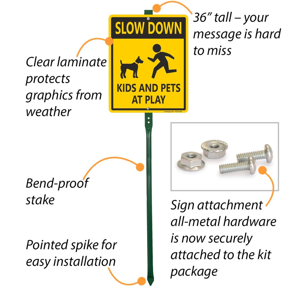 SmartSign "Slow Down - Kids And Pets At Play" LawnBoss® Sign | 10" x 12" Aluminum Sign With 3' Stake 10" x 12"