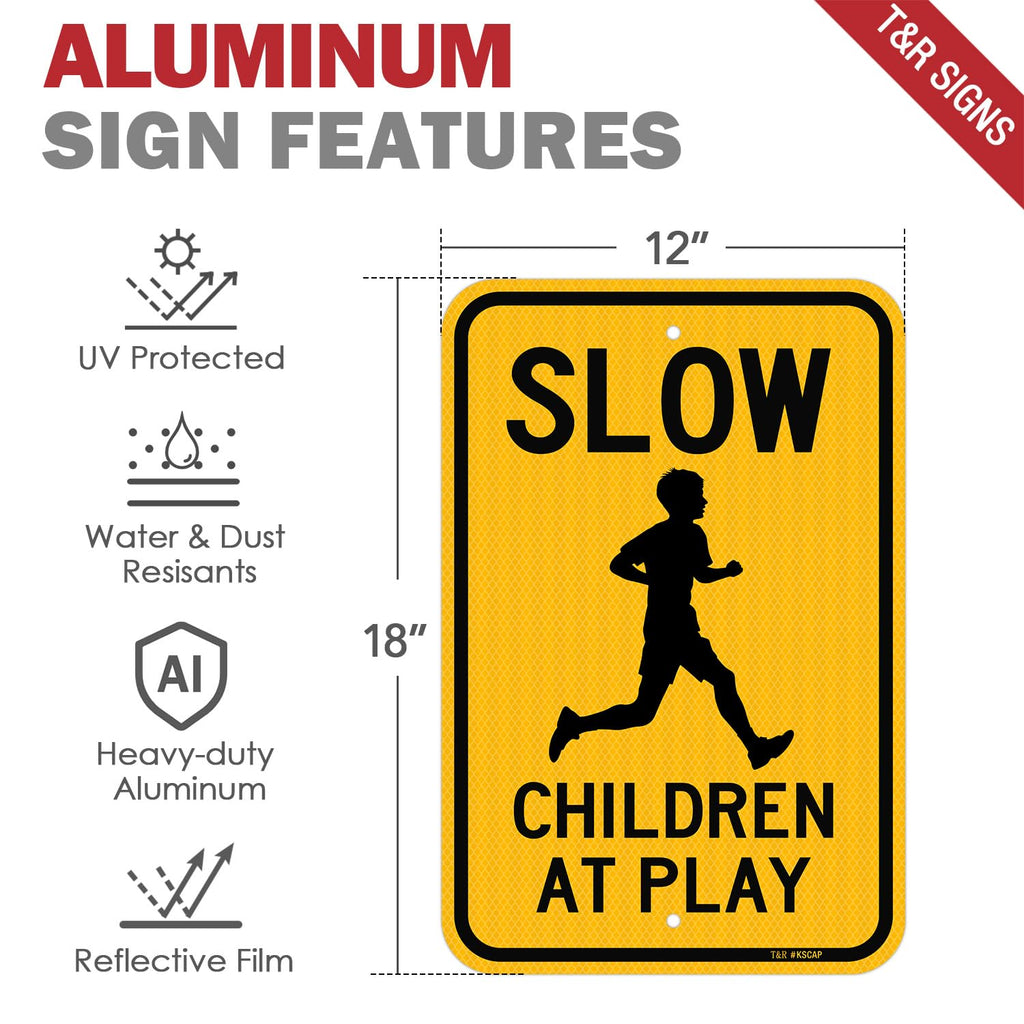 T&R (2 Pack) Slow Down Children At Play Sign, 18" x 12" Engineer Grade Reflective Sheeting, Rust Free Aluminum, Weather Resistant, Waterproof, Fade Resistant, 2 Pre-drilled Holes 18" x 12" - 2 Pack - Slow Down Children At Play
