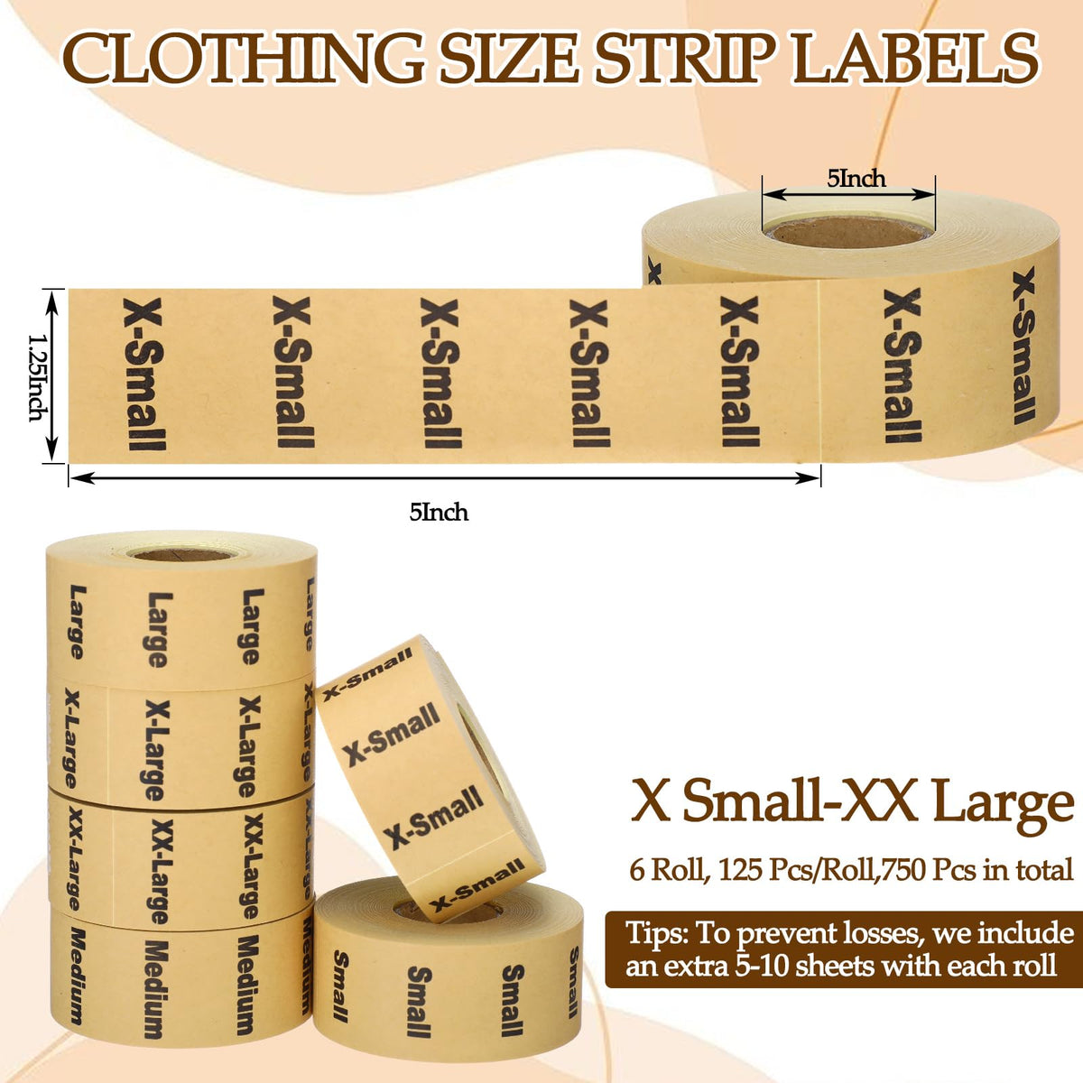 750 PCS XS-2XL Clothing Size Strip Labels