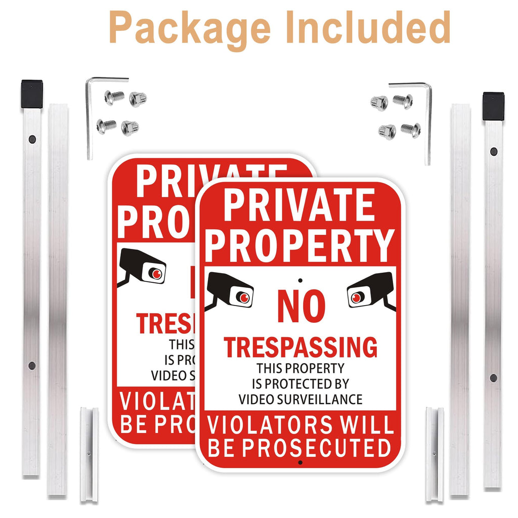 2Pack Private Property No Trespassing Signs with 36 inch Stakes, 14x10 Inches Video Surveillance Warning Sign for Home House Yard Security, Fade Resistant Aluminum 10X14" with stake