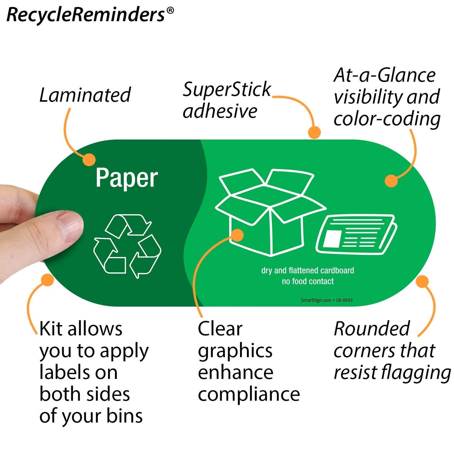 SmartSign (Pack of 4) 3.75 x 9 inch “Paper - Dry and Flattened, No Food Contact” Recycling Sticker Labels with Symbols, 5 mil Laminated Polyester with SuperStick Adhesive, Green and White 3.75" X 9"_paper