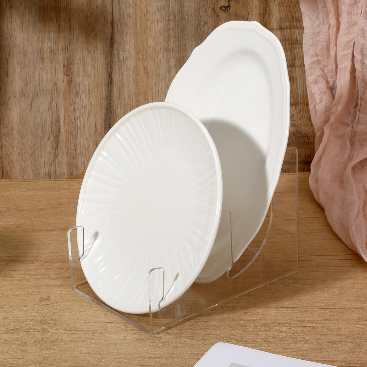 6 Pcs Plate Dinnerware Display Stand, 2-Tier China Platters Holder, Acrylic Plate Stands for Display Clear Kitchen Cabinet Organizer
