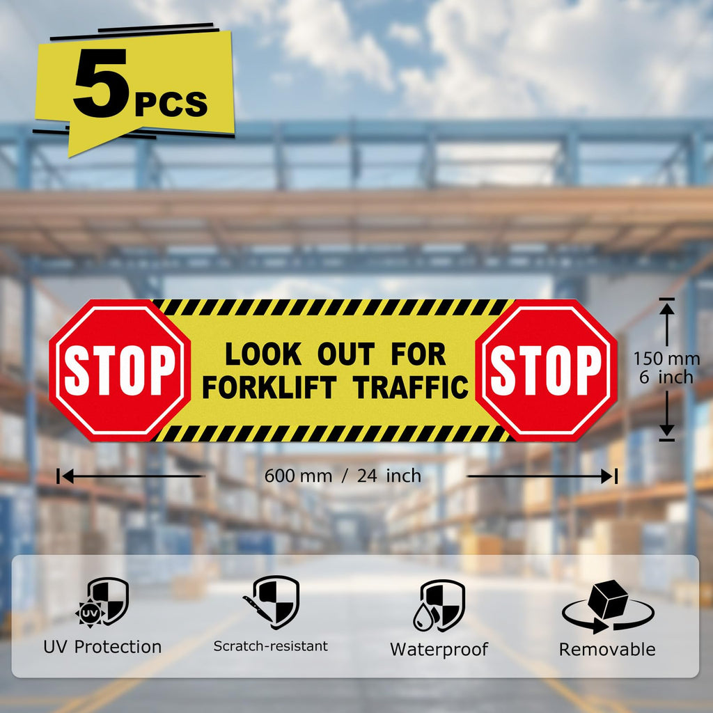 5 Pack Stop Look Out for Forklift Traffic Stickers 24 × 6 Inches 5 Pack