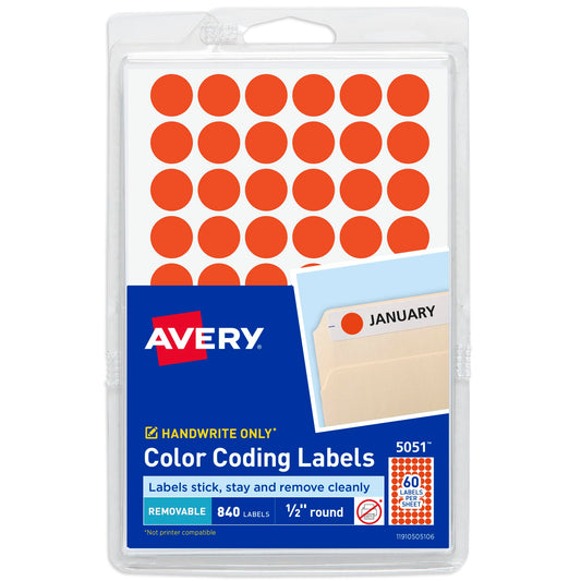 Avery Color-Coding Removable Labels, 1/2 Inch Round Stickers, Neon Coral, Non-Printable, 840 Dot Stickers Total (5051) 1/2 Inch (Pack of 840)