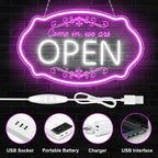 LED Neon Open Sign for Business, 16.5 x 10'' Come In, We're Open Sign, Pink & White Adjustable Brightness Neon Lights for Party, Bar, Salon, Stores, Wall Decor, Clubs, Hotels 16.5*10'' Open (Pink&White)