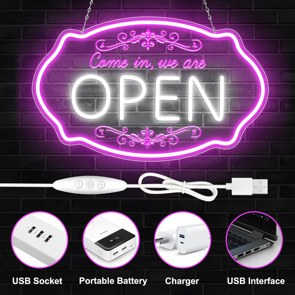 LED Neon Open Sign for Business, 16.5 x 10'' Come In, We're Open Sign, Pink & White Adjustable Brightness Neon Lights for Party, Bar, Salon, Stores, Wall Decor, Clubs, Hotels 16.5*10'' Open (Pink&White)
