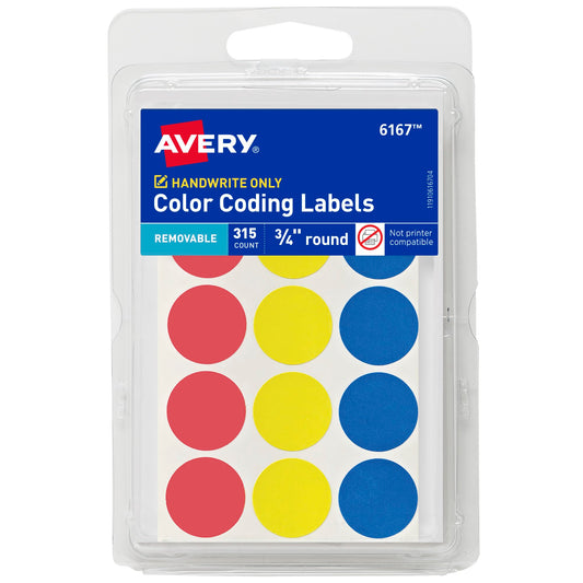 Avery Color-Coding Removable Labels, 3/4 Inch Round Labels, Assorted Colors, Non-Printable, 315 Dot Stickers Total (6167) 315 Count (Pack of 1)