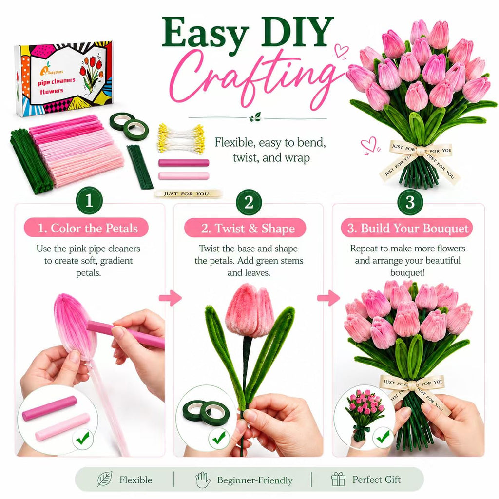 Quaystars 400Pcs Pipe Cleaners Bulk for Crafts - Tulip Flower Making Kit with Chenille Stems, Wire & Tape - DIY Arts and Crafts Supplies for Adults, Gift (Green, Pink)