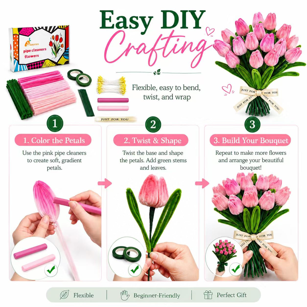 Quaystars 400Pcs Pipe Cleaners Bulk for Crafts - Tulip Flower Making Kit with Chenille Stems, Wire & Tape - DIY Arts and Crafts Supplies for Adults, Gift (Green, Pink)