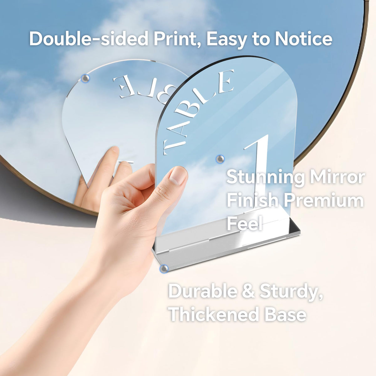 Silver Mirror Arched Table Numbers 1-15 with Stands 5"x7" Double-sided Font Silver
