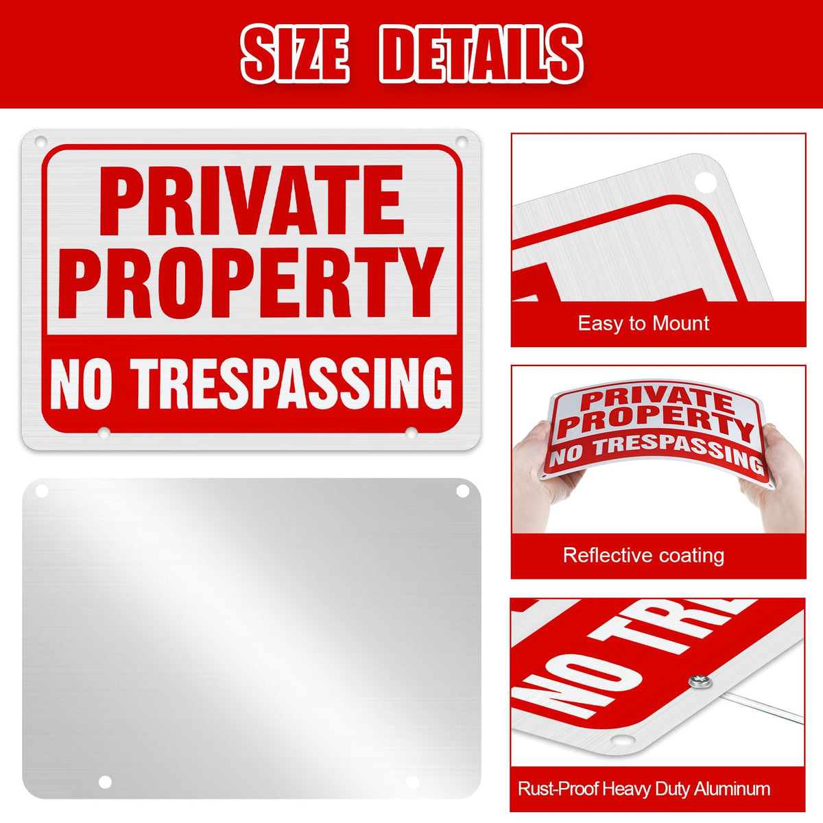 Zonon 6 Pack Metal No Trespassing Sign 12 x 8 Inch Private Property Word with H Stake Reflective Aluminum Security Weatherproof Outdoor Metal Outdoor Keep out Sign, Easy to Mount(Red) Red