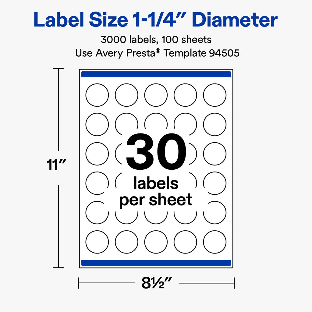 Avery® Matte White Round Labels, 1.25" Diameter, 3000 Total 3,000 labels
